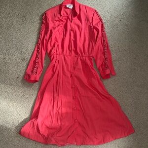 Retro Coral Long Sleeve Padded Shoulder Dress